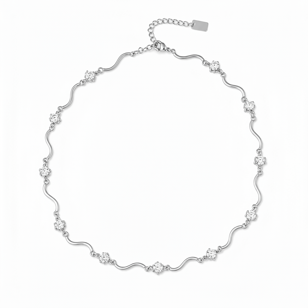 Zilveren golf ketting met kristallen