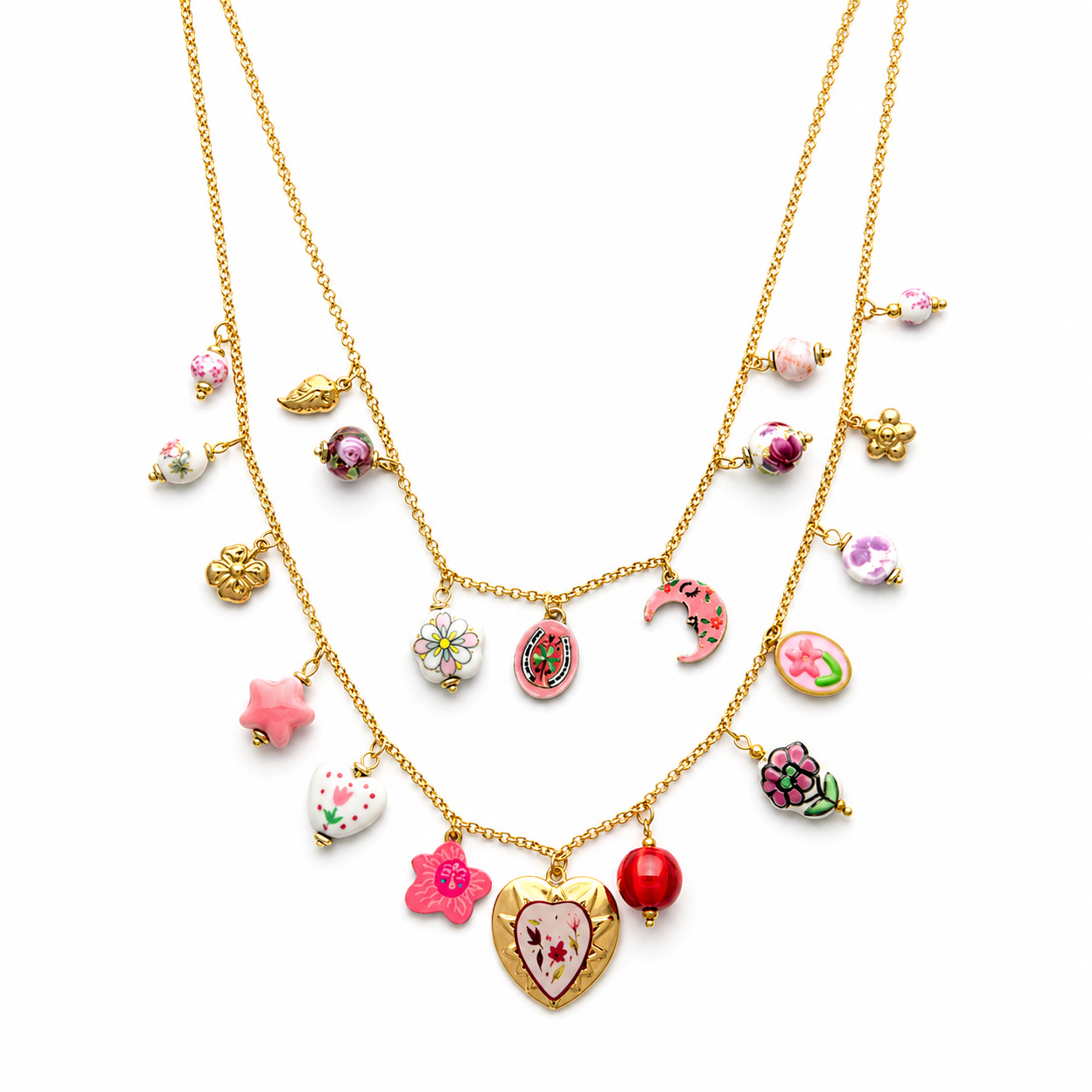 Happy heart double charm necklace