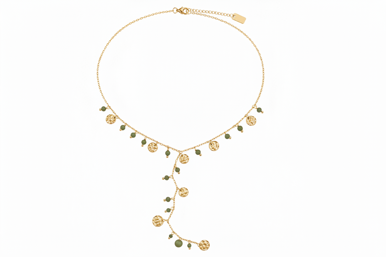 Gouden ketting met army groene bolletjes